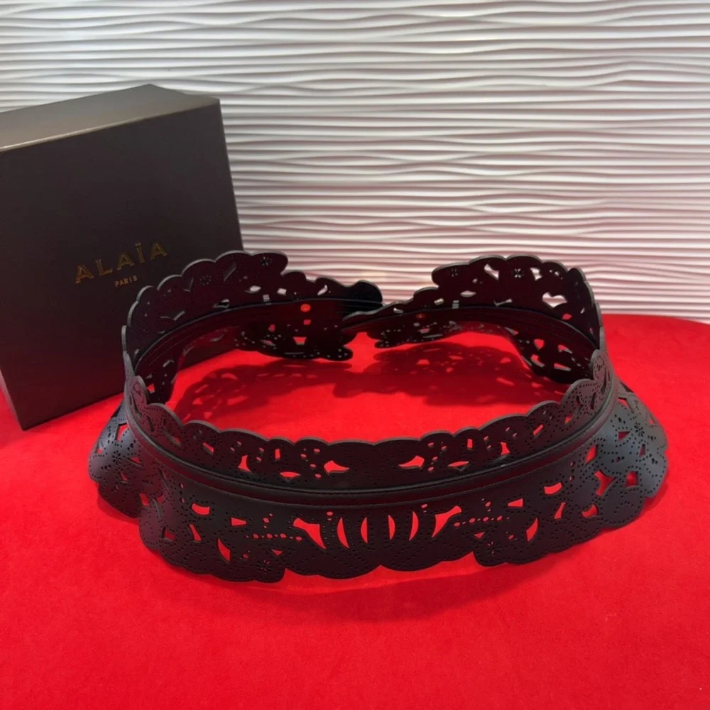 Alaïa Black Laser-Cut Floral Waist Belt with Gold Accents